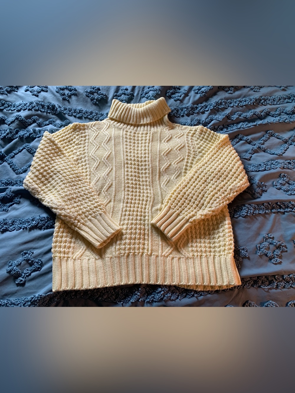 Vintage Jade Cable & Waffle Knit Turtleneck Sweater in Butter Yellow from 80s